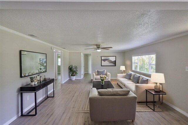 2112 33rd St SE, Ruskin, FL 33570 - living room featuring ornamental molding, ceiling fan, wood finished floors, baseboards, and a textured ceiling