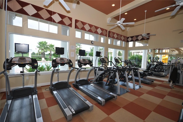 5048 Barnet Dr, Davenport, FL 33837 - exercise room featuring ceiling fan, recessed lighting, a high ceiling, and tile patterned floors