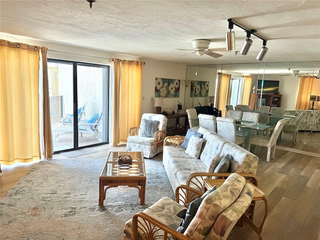 16330 Gulf Blvd Unit 201, Redington Beach, FL 33708 - living room featuring wood finished floors, healthy amount of natural light, ceiling fan, a textured ceiling, and rail lighting