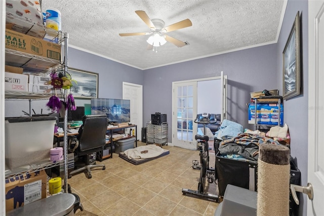 tiled office with ceiling fan, crown molding, and a textured ceiling