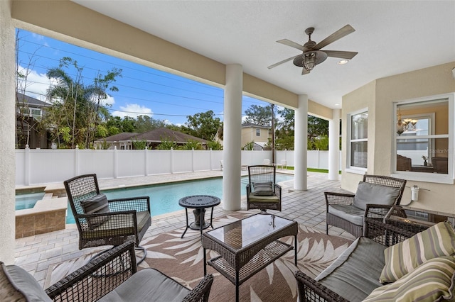 4515 W Leona St, Tampa, FL 33629 - fenced backyard featuring an outdoor living space, ceiling fan, and a patio area