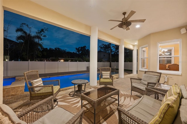 4515 W Leona St, Tampa, FL 33629 - fenced backyard featuring an outdoor living space, a patio, and ceiling fan
