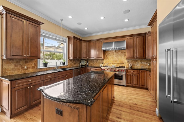 4515 W Leona St, Tampa, FL 33629 - kitchen with high quality appliances, wall chimney exhaust hood, light wood-type flooring, ornamental molding, and dark stone counters