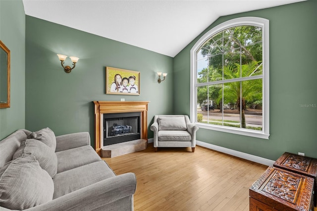 4515 W Leona St, Tampa, FL 33629 - living room featuring a fireplace with raised hearth, lofted ceiling, and wood finished floors