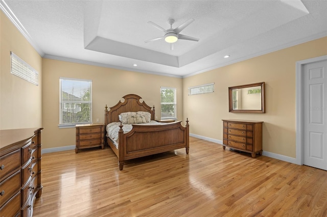 4515 W Leona St, Tampa, FL 33629 - bedroom with light wood-style flooring, a raised ceiling, ornamental molding, ceiling fan, and recessed lighting