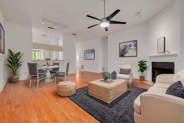 3044 Red Oak Ct Unit 204, Palm Harbor, FL 34684 - living area featuring light wood-type flooring, ceiling fan, a fireplace with flush hearth, crown molding, and baseboards