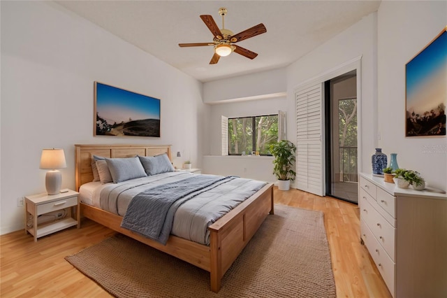 3044 Red Oak Ct Unit 204, Palm Harbor, FL 34684 - bedroom featuring light wood-style floors, access to exterior, and ceiling fan