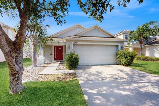 10739 Shady Preserve Dr, Riverview, FL 33579 - ranch-style home featuring driveway, a garage, stucco siding, and a front lawn