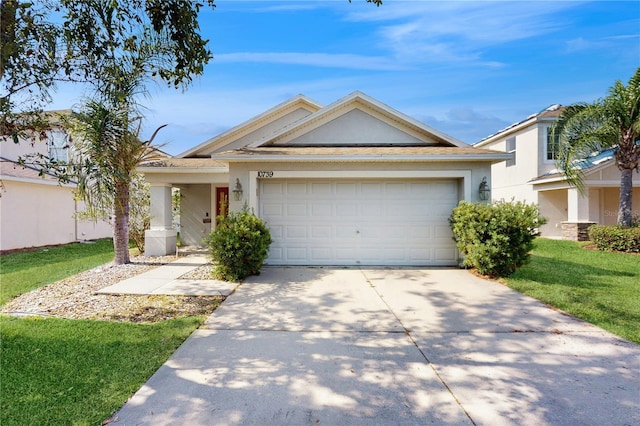 10739 Shady Preserve Dr, Riverview, FL 33579 - ranch-style home with stucco siding, driveway, an attached garage, and a front lawn