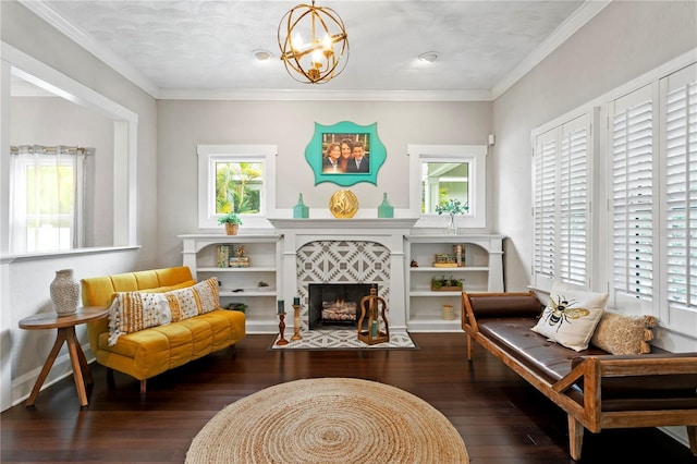 3620 W San Pedro St, Tampa, FL 33629 - sitting room featuring hardwood / wood-style flooring, a chandelier, a tiled fireplace, and crown molding