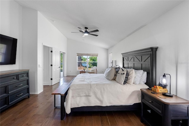 bedroom featuring vaulted ceiling, dark wood-style floors, ceiling fan, and baseboards