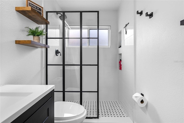 bathroom with a shower stall, toilet, a textured wall, and vanity