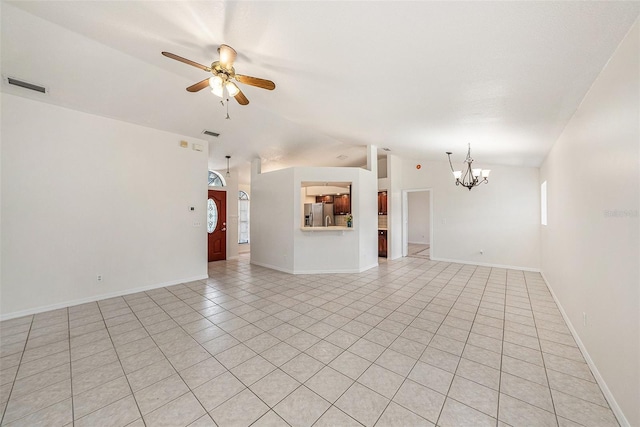 31645 Bugle Ln, Wesley Chapel, FL 33543 - unfurnished living room featuring lofted ceiling, a chandelier, ceiling fan, and light tile patterned floors