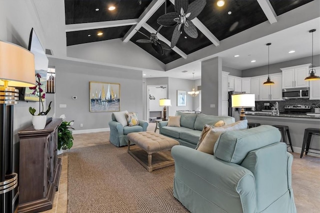 340 Sapphire Lake Dr Unit 202, Bradenton, FL 34209 - living room with a ceiling fan, beam ceiling, recessed lighting, high vaulted ceiling, and a chandelier