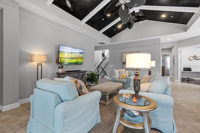 340 Sapphire Lake Dr Unit 202, Bradenton, FL 34209 - living area featuring a ceiling fan, beam ceiling, stairway, high vaulted ceiling, and recessed lighting