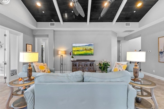 340 Sapphire Lake Dr Unit 202, Bradenton, FL 34209 - living room featuring beam ceiling, ceiling fan, and baseboards