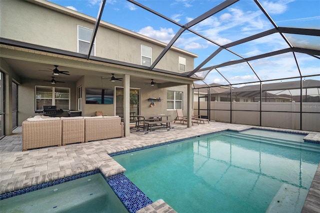 11550 Lake Lucaya Dr, Riverview, FL 33579 - view of pool with an outdoor hangout area, ceiling fan, a patio area, and a lanai