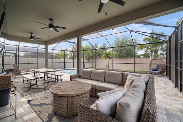 11550 Lake Lucaya Dr, Riverview, FL 33579 - view of patio featuring ceiling fan, outdoor lounge area, a fenced backyard, and glass enclosure