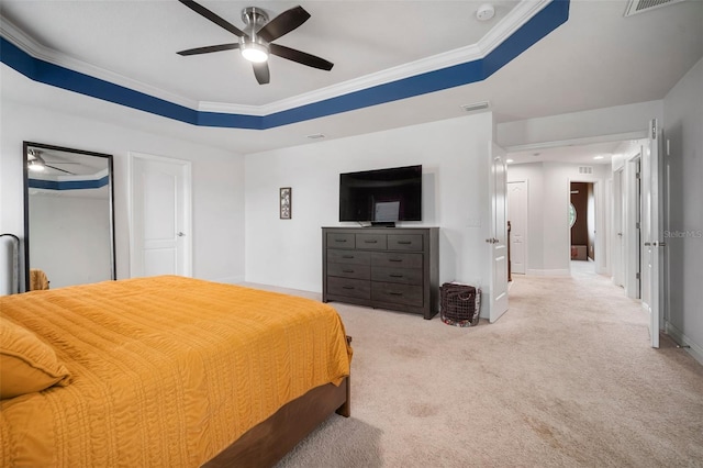 11550 Lake Lucaya Dr, Riverview, FL 33579 - bedroom with carpet, a tray ceiling, ornamental molding, ceiling fan, and baseboards