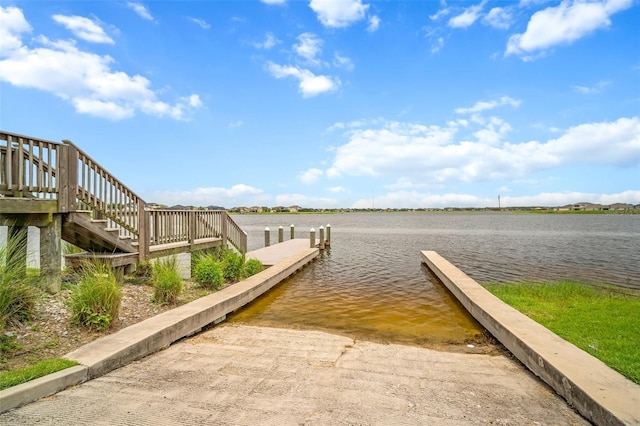 11550 Lake Lucaya Dr, Riverview, FL 33579 - dock area with a boat ramp, a water view, and stairs
