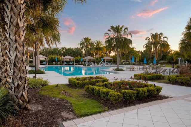 11550 Lake Lucaya Dr, Riverview, FL 33579 - pool at dusk with a community pool and a patio area