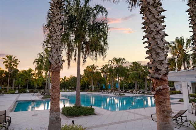 11550 Lake Lucaya Dr, Riverview, FL 33579 - pool at dusk featuring a community pool and a patio area