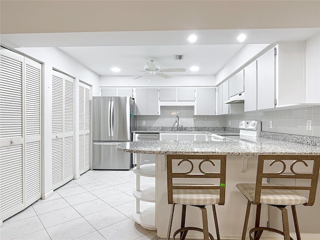 3328 S Whitechappel Pt, Inverness, FL 34452 - kitchen featuring stainless steel appliances, under cabinet range hood, a peninsula, ceiling fan, and light stone countertops