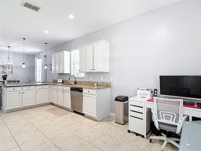3512 Gerrads Cross Ct, Land O Lakes, FL 34638 - kitchen featuring stainless steel dishwasher, a peninsula, white cabinetry, stone counters, and an office area
