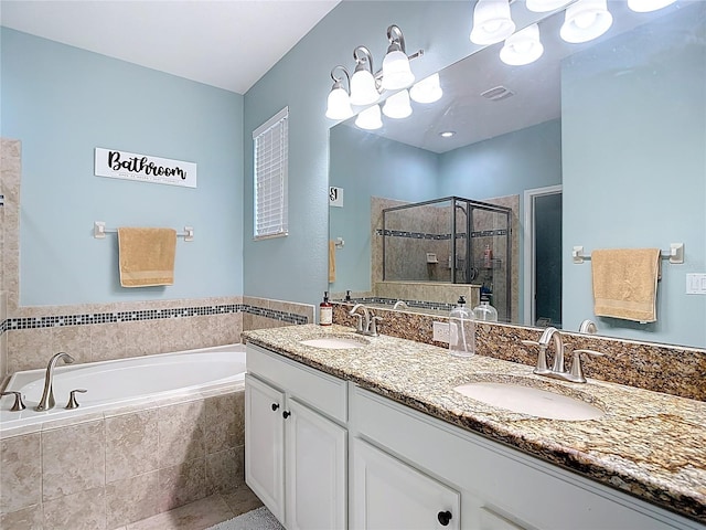 3512 Gerrads Cross Ct, Land O Lakes, FL 34638 - full bath with a shower stall, a bath, double vanity, tile patterned floors, and a chandelier