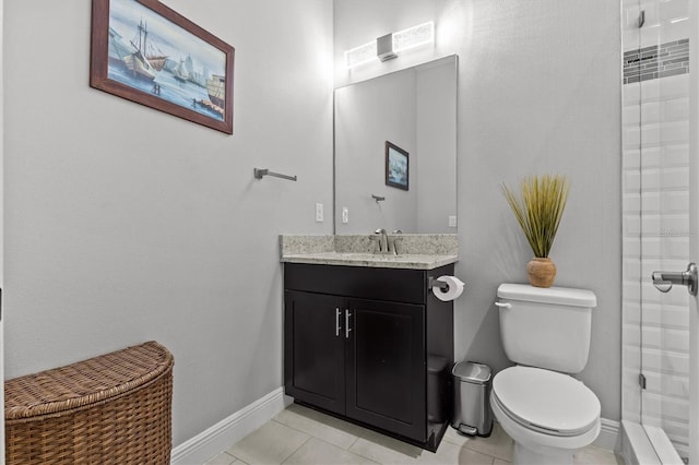 full bath featuring a shower stall, toilet, vanity, baseboards, and tile patterned flooring