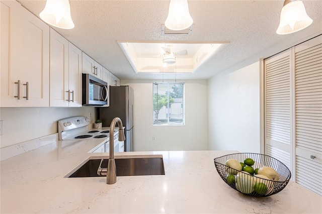 210 Cypress Ct Unit 122, Oldsmar, FL 34677 - kitchen with appliances with stainless steel finishes, ceiling fan, light stone countertops, white cabinets, and a tray ceiling