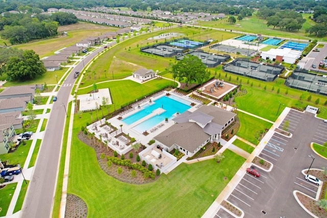 drone / aerial view of a pool