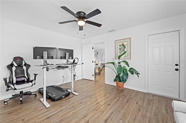 3041 Waterfall Dr, Spring Hill, FL 34608 - exercise area featuring ceiling fan, light wood-style flooring, and baseboards