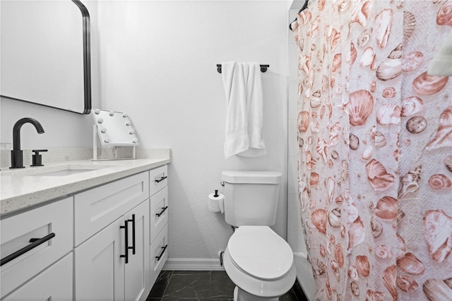 3041 Waterfall Dr, Spring Hill, FL 34608 - full bathroom featuring baseboards, toilet, marble finish flooring, vanity, and a shower with curtain