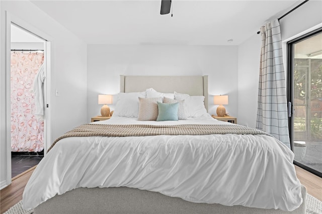 3041 Waterfall Dr, Spring Hill, FL 34608 - bedroom featuring wood finished floors, access to outside, and ceiling fan