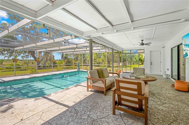 3041 Waterfall Dr, Spring Hill, FL 34608 - swimming pool featuring a patio area, a ceiling fan, outdoor lounge area, and glass enclosure
