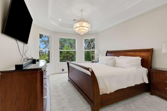 5410 Morey Farms Loop, Palmetto, FL 34221 - bedroom featuring light colored carpet, a chandelier, a tray ceiling, ornamental molding, and recessed lighting