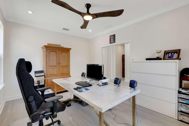5410 Morey Farms Loop, Palmetto, FL 34221 - office with a ceiling fan, light wood-style flooring, crown molding, and baseboards