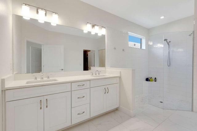 5410 Morey Farms Loop, Palmetto, FL 34221 - bathroom featuring double vanity, walk in shower, and marble finish floors