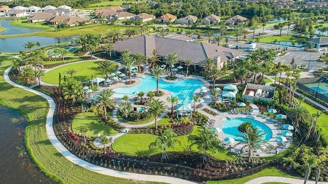 5410 Morey Farms Loop, Palmetto, FL 34221 - aerial perspective of suburban area with a pool area and a nearby body of water