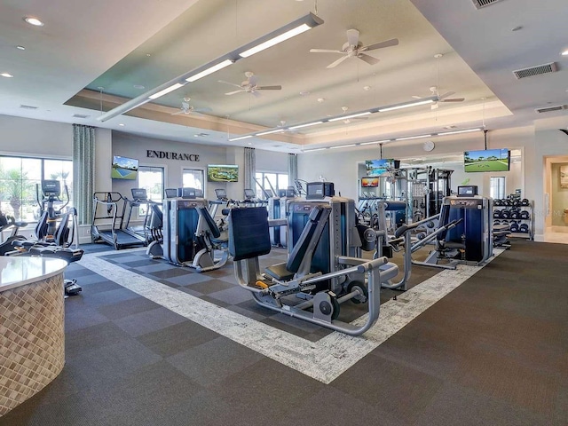 5410 Morey Farms Loop, Palmetto, FL 34221 - gym featuring carpet, a ceiling fan, a raised ceiling, and recessed lighting