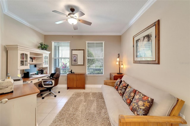 office featuring a ceiling fan, ornamental molding, light tile patterned flooring, and baseboards