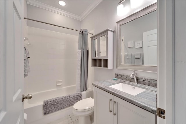 full bath with crown molding, toilet, shower / tub combo, vanity, and tile patterned flooring
