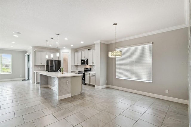 4950 Chase Ct, Saint Cloud, FL 34772 - kitchen featuring appliances with stainless steel finishes, crown molding, light countertops, a sink, and recessed lighting
