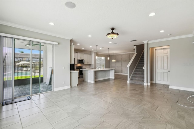 4950 Chase Ct, Saint Cloud, FL 34772 - unfurnished living room featuring crown molding, stairs, baseboards, recessed lighting, and light tile patterned flooring