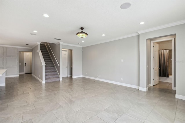 4950 Chase Ct, Saint Cloud, FL 34772 - unfurnished living room featuring stairway, recessed lighting, ornamental molding, and baseboards