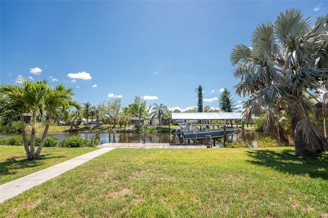 3420 Santa Clara Dr, Punta Gorda, FL 33983 - dock area featuring boat lift, a water view, and a lawn