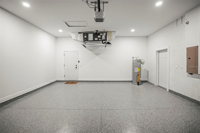 garage with electric panel, water heater, recessed lighting, a garage door opener, and baseboards