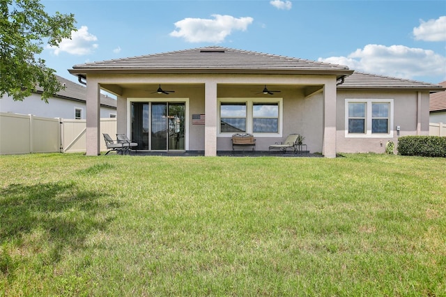31510 Cabana Rye Ave, San Antonio, FL 33576 - rear view of house featuring a ceiling fan, stucco siding, a tiled roof, and a patio
