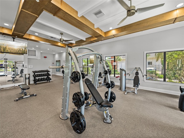 31510 Cabana Rye Ave, San Antonio, FL 33576 - workout area with a ceiling fan, recessed lighting, and beam ceiling